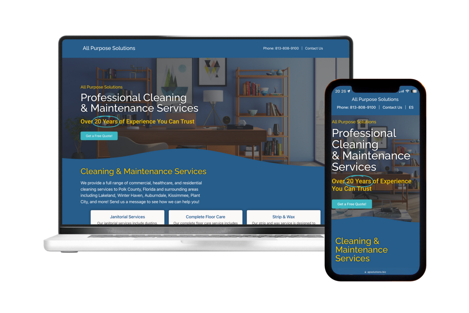 Mockup showing All Purpose Solutions website on a MacBook and iPhone