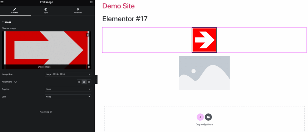 Screenshot showing a red square with a white arrow added to an image widget