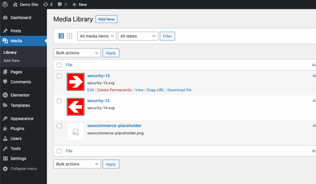 Screenshot of the WordPress Media library in list view showing three files uploaded
