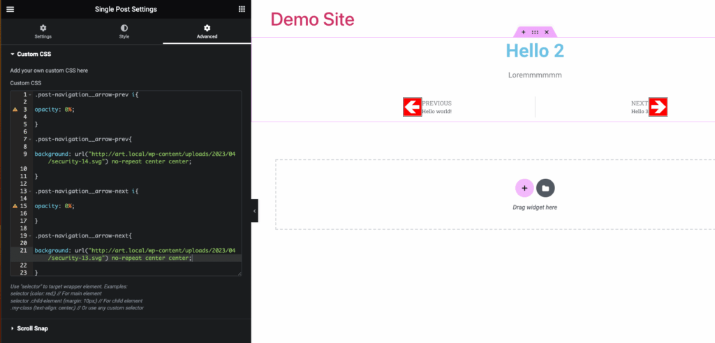 Screenshot of the Elementor Custom CSS pane on the left. The Post navigation widget is shown on the right with the left and right arrows replaced with a red square with a white arrow.