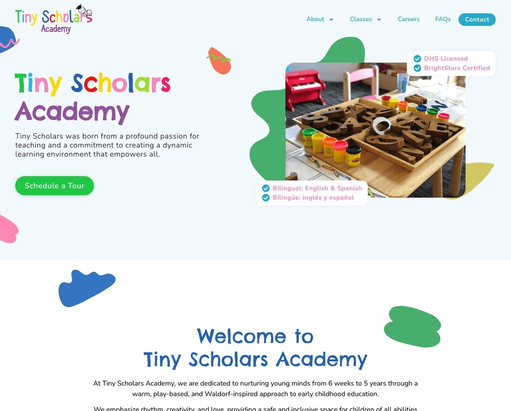 Tiny Scholars Academy homepage with classroom materials